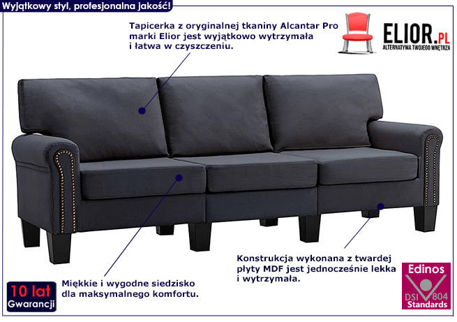 Luksusowa trzyosobowa sofa ciemnoszara Alaia 3X