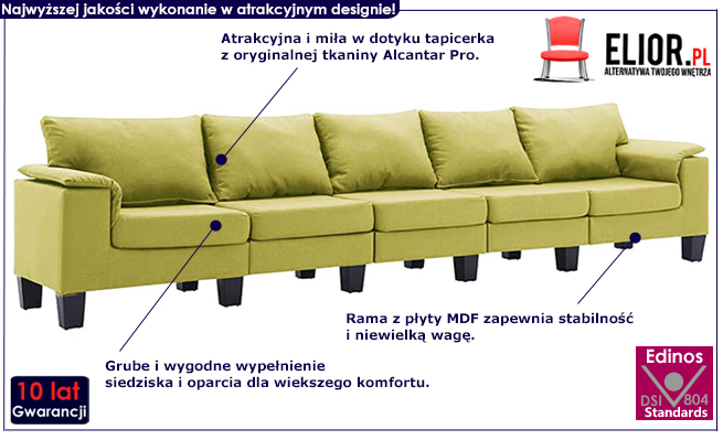 Ekskluzywna 5-osobowa zielona sofa Ekilore 5Q