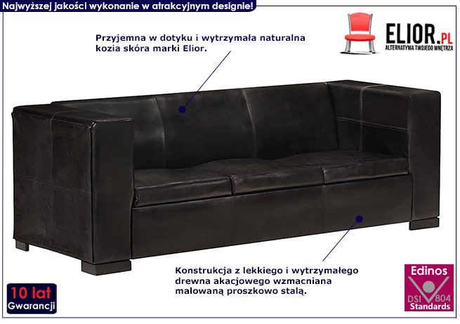 Sofa z czarnej skóry naturalnej Exea 3Q, trzyosobowa
