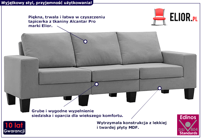 Ponadczasowa trzyosobowa sofa jasnoszara Lurra 3Q