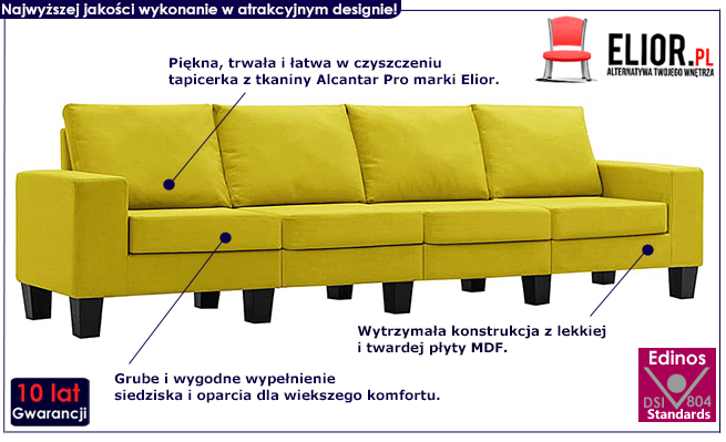 Ponadczasowa 4-osobowa żółta sofa Lurra 4Q 