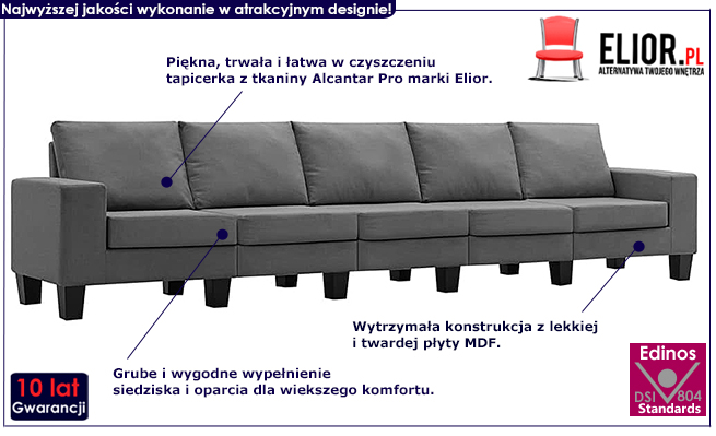 Ponadczasowa 5-osobowa sofa ciemnoszara Lurra 5Q