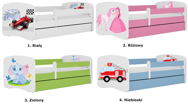 Łóżko dla dziewczynki z szufladą, materacem i barierką Happy 2X mix