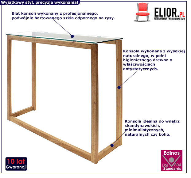Drewniana konsola Dazo - szklany blat