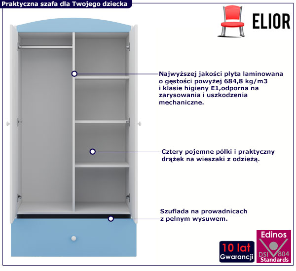 Niebieska szafa dla chłopca z szufladami Rostok 3X