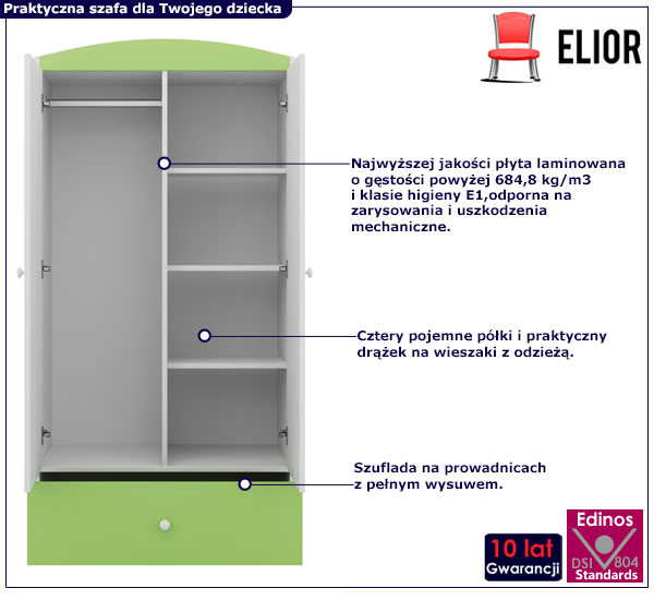 Zielona szafa dziecięca z szufladami Nala 3X