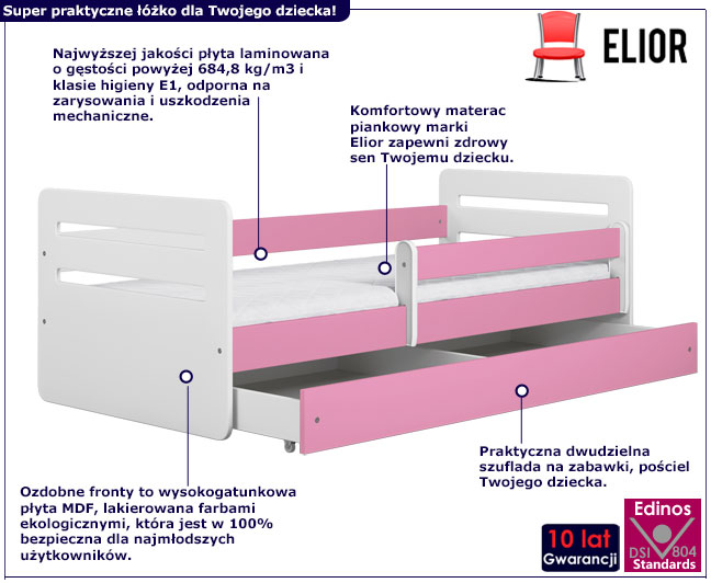 Biało-różowe łóżko dziecięce z szufladą, barierką i materacem Candy 2X 