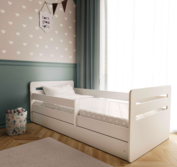 Białe łóżko dla dzieci z szufladą i barierką Candy 2X