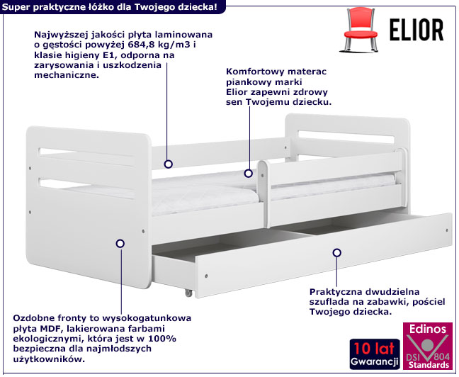 Białe łóżko dziecięce z szufladą Candy 2X 80x140