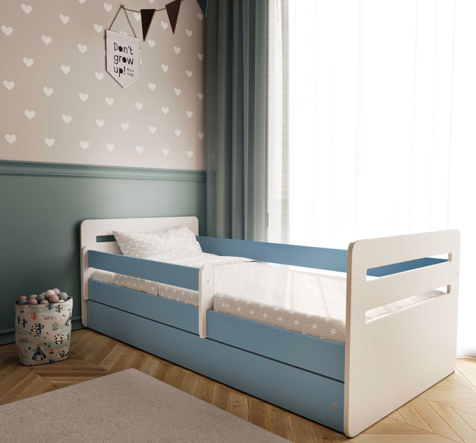Niebiesko - białe łóżko dla dziecka z barierką Candy 2X 