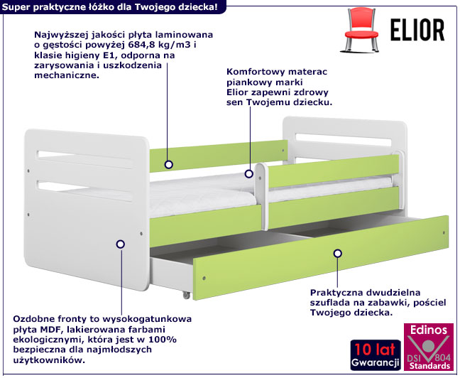 Biało-zielone łóżko dziecięce z szufladą, barierką i materacem Candy 2X 