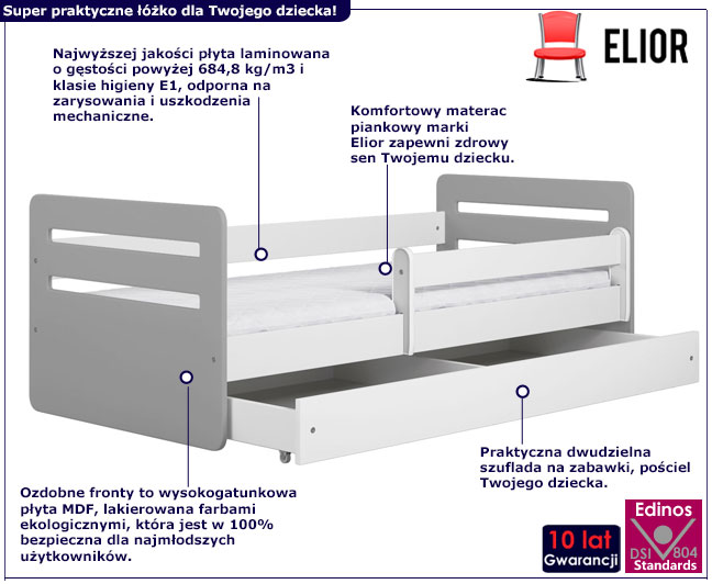 Szaro-białe łóżko dziecięce z szufladą Candy 2X