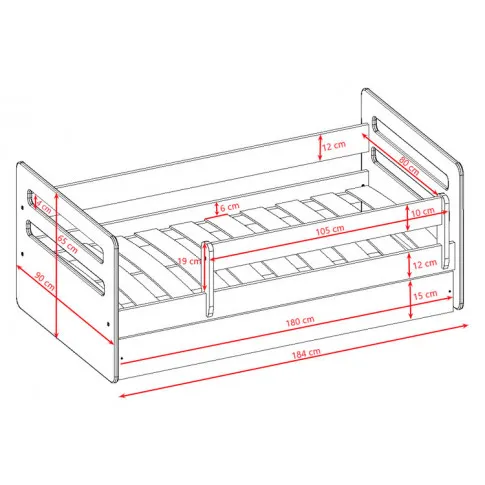 wymiary łóżka dziecięcego z barierka i szuflada bialo szare candy 2x 180x80