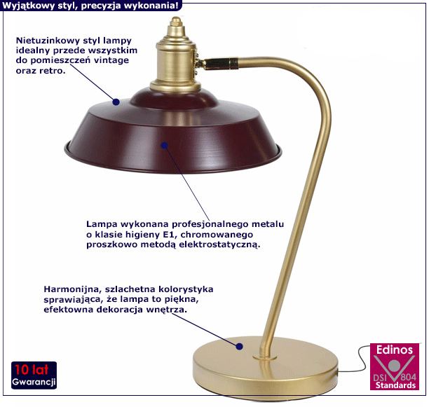 Bordowa lampa stołowa Dimea - vintage