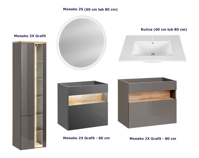 Zestaw grafitowych mebli wiszących do łazienki Monako