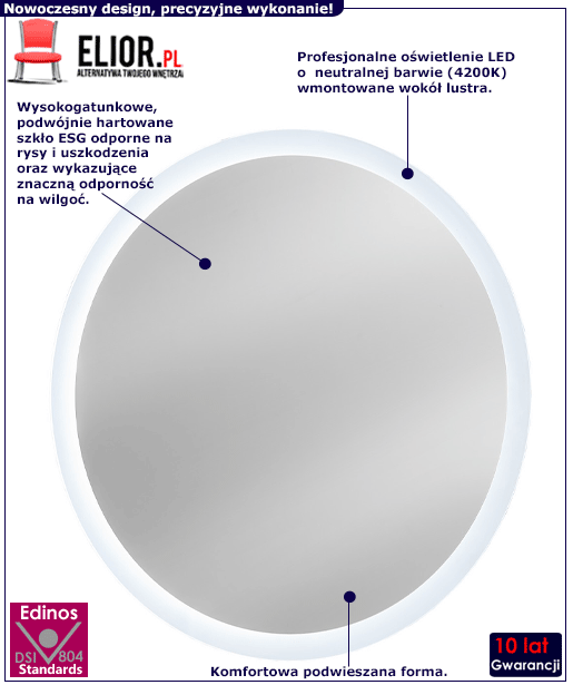 Nowoczesne okrągłe lustro łazienkowe z oświetleniem LED Monako 2S