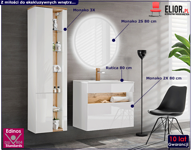 Komplet mebli łazienkowych z oświetleniem LED Monako Biały 80 cm