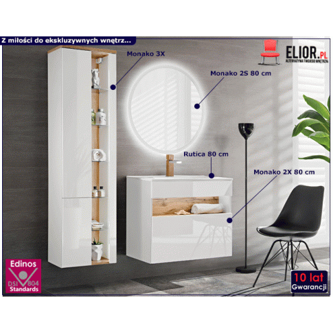 Fotografia Zestaw mebli łazienkowych z oświetleniem LED Laures 2Q 80 cm - Biały połysk z kategorii Komplety mebli