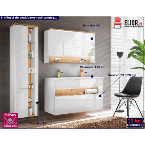 Fotografia Zestaw łazienkowy z oświetleniem LED Laures 3Q 120 cm - Biały połysk z kategorii Komplety mebli