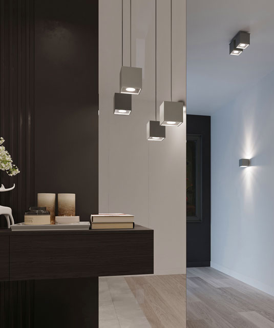 Szara lampa wisząca kostka E816-Quas w stylu minimalistycznym