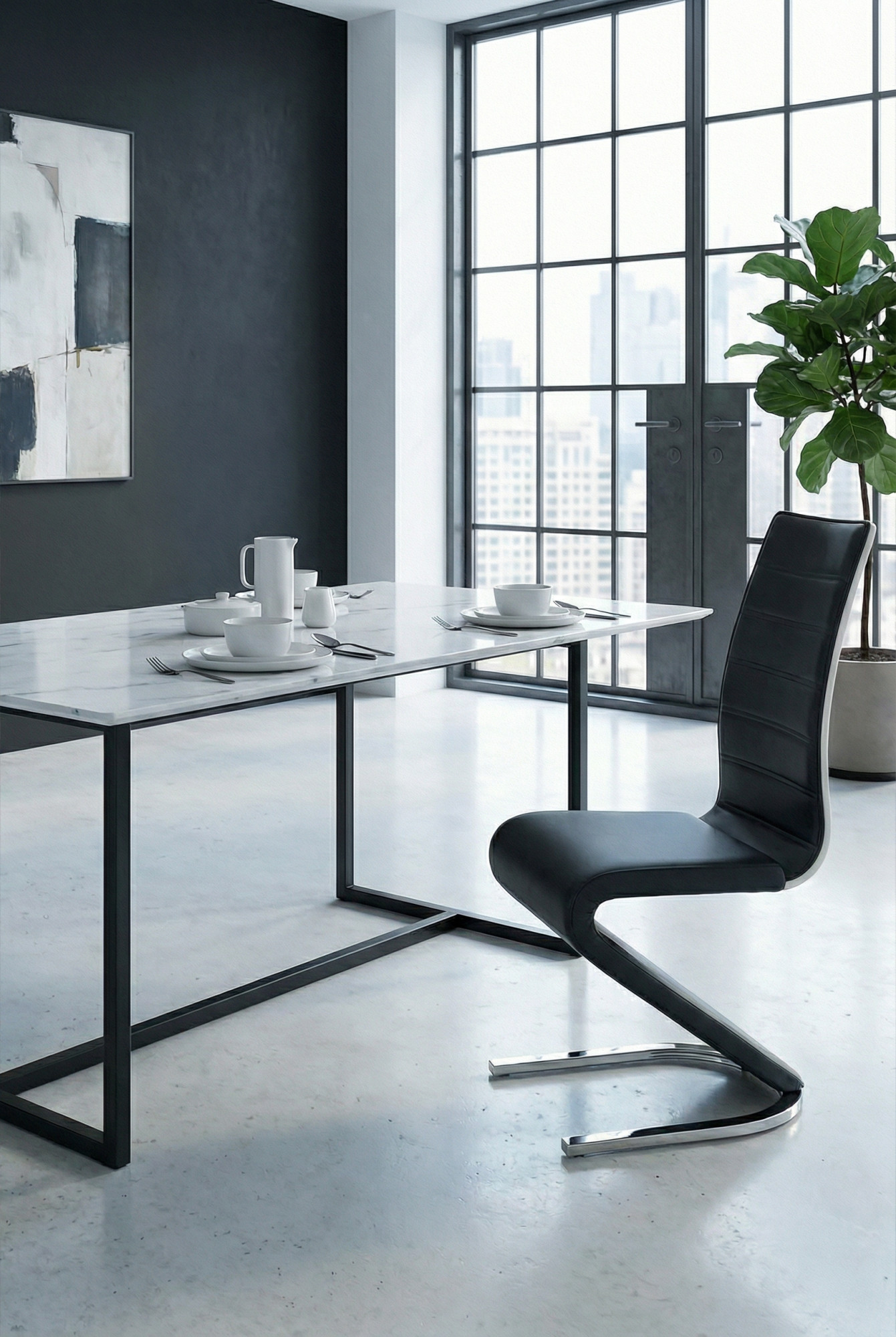 Aranżacja wnętrza z krzesłem ekoskóra w stylu nowoczesnym Lebios czarne