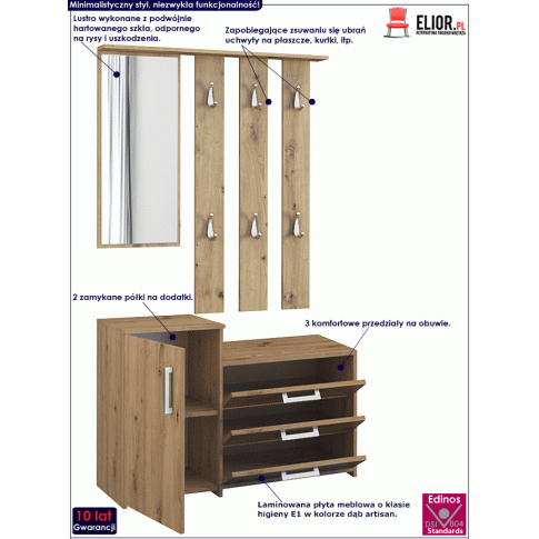 Fotografia Garderoba z szafką na buty do przedpokoju Skay - dąb artisan z kategorii Przedpokój