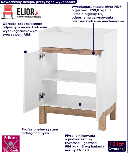 Nowoczesna szafka pod umywalkę na nóżkach Marsylia 3X 60 cm biały połysk