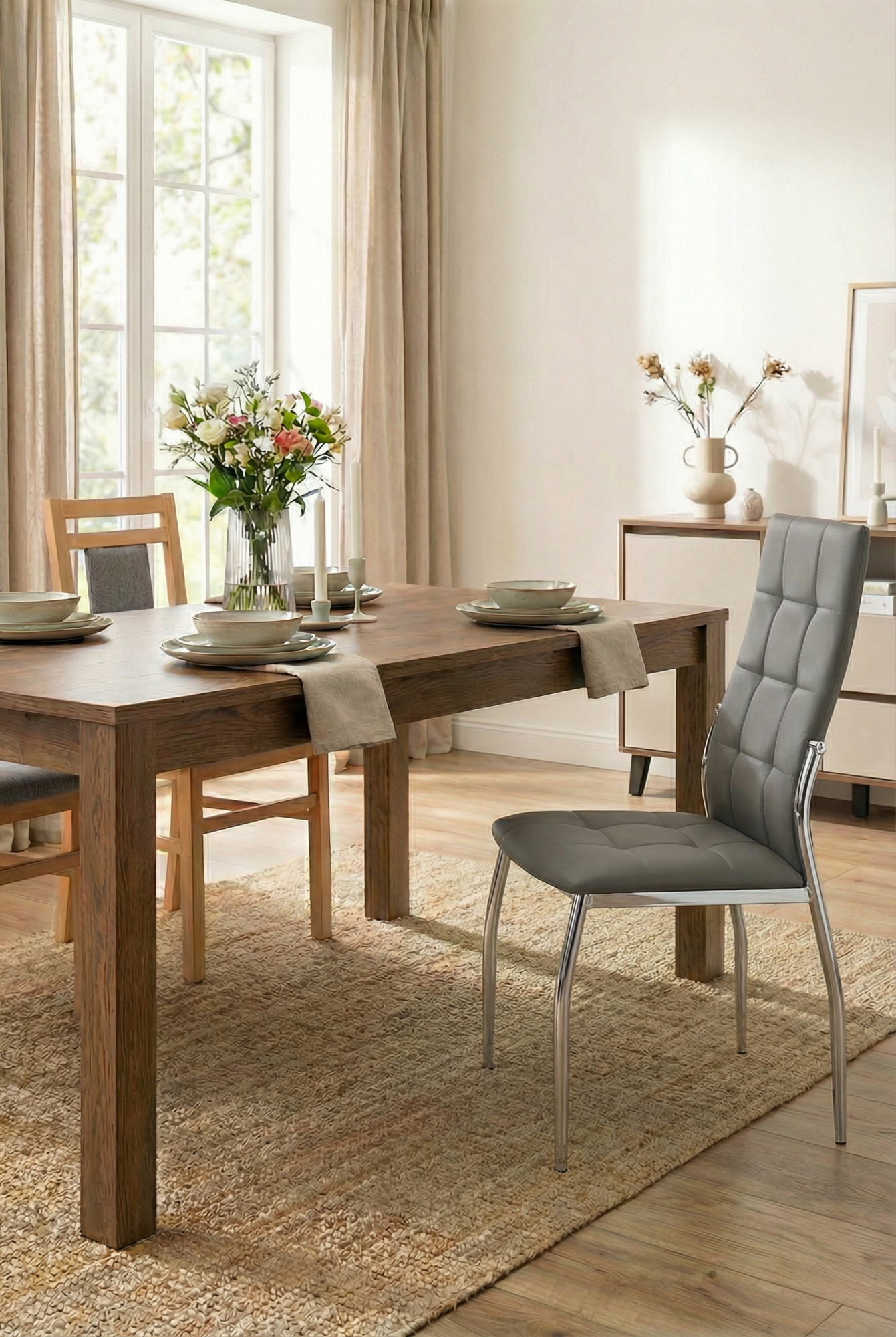 Aranżacja wnętrza z szarym krzesłem kuchennym Orha