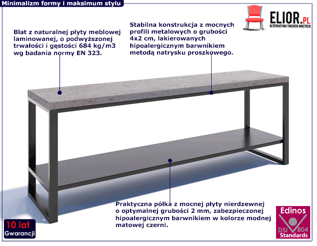 Minimalistyczna metalowa szafka RTV z blatem w kolorze beton Vitten 3X
