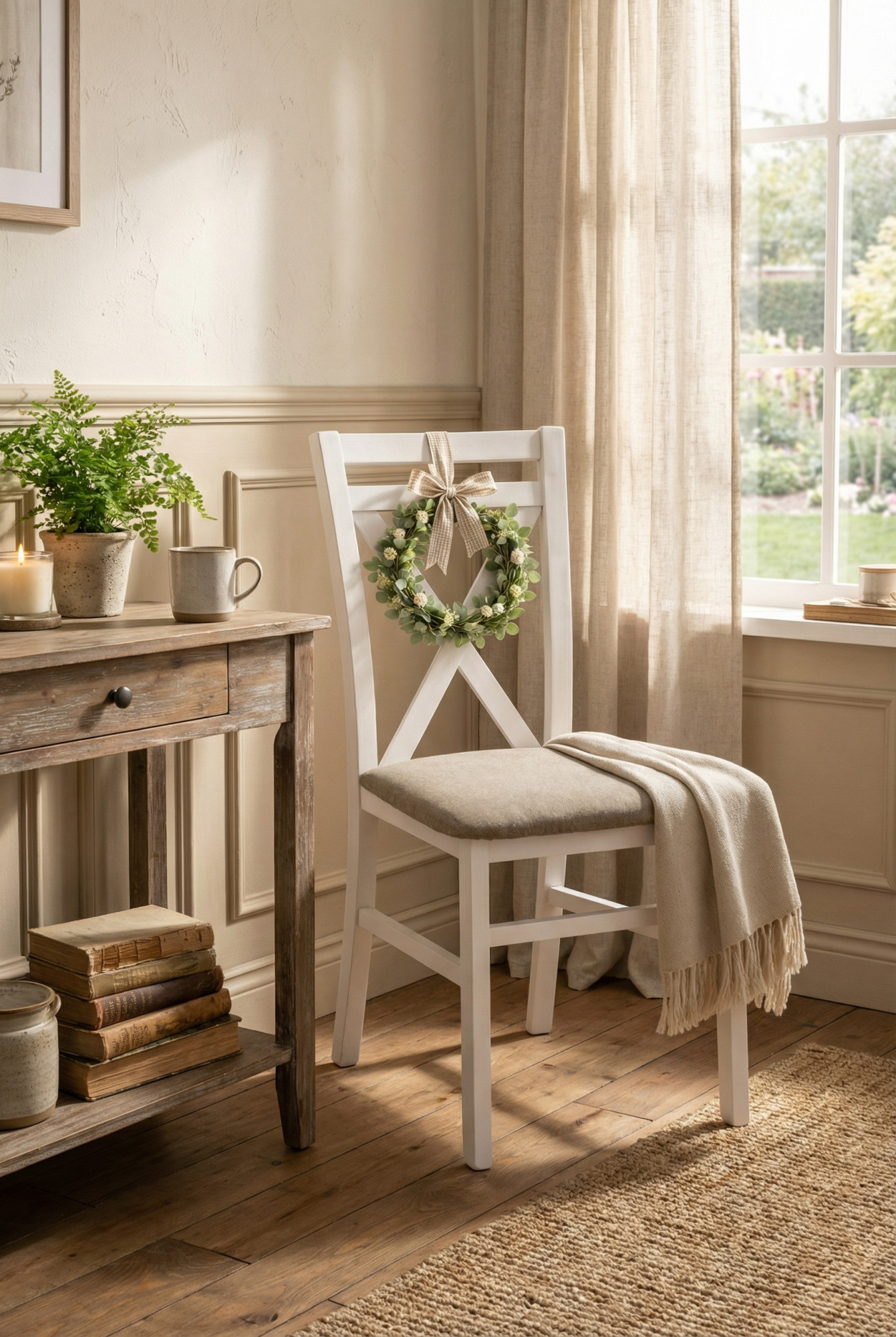 Wnętrze z białym krzesłem drewnianym Stellar