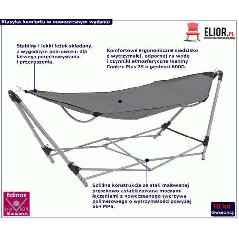 Szary hamak ze składanym stojakiem Lakris infografika gif