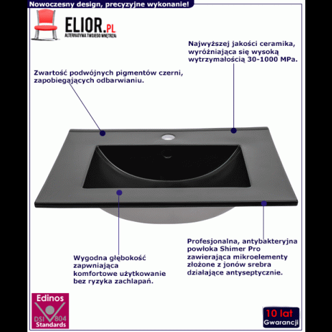 Fotografia Czarna ceramiczna umywalka prostokątna - Aviso 60 cm z kategorii Umywalki łazienkowe