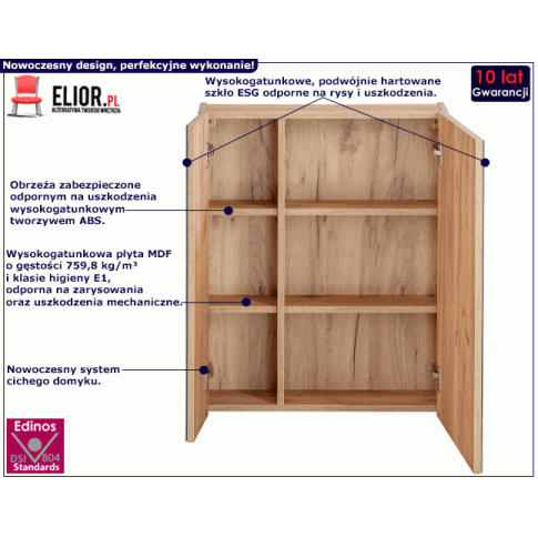 Fotografia Podwieszana szafka łazienkowa z lustrem - Lunios 5X Dąb 60 cm z kategorii Szafki