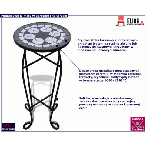 Czarno biały mozaikowy stolik na doniczki Cadix