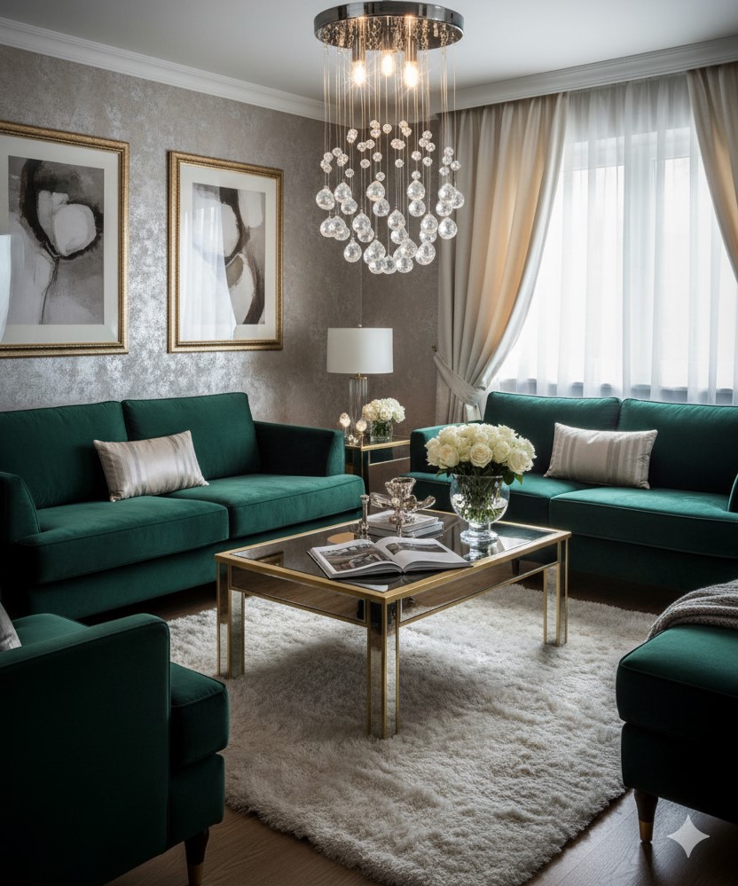 Aranżacja salonu z kryształową lampą sufitową w stylu glamour - EX94-Befi