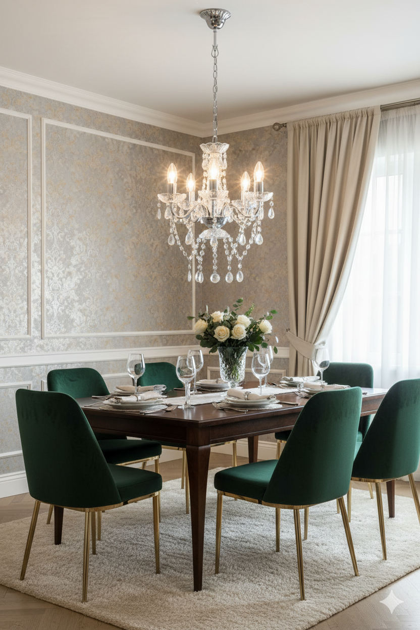 Aranżacja jadalni ze srebrnym żyrandolem z kryształkami - EX96-Senegal