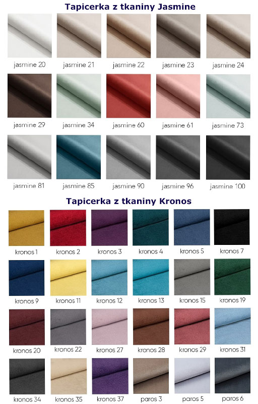 Wybór dostępnych kolorów tapicerki do łóżka Oliban