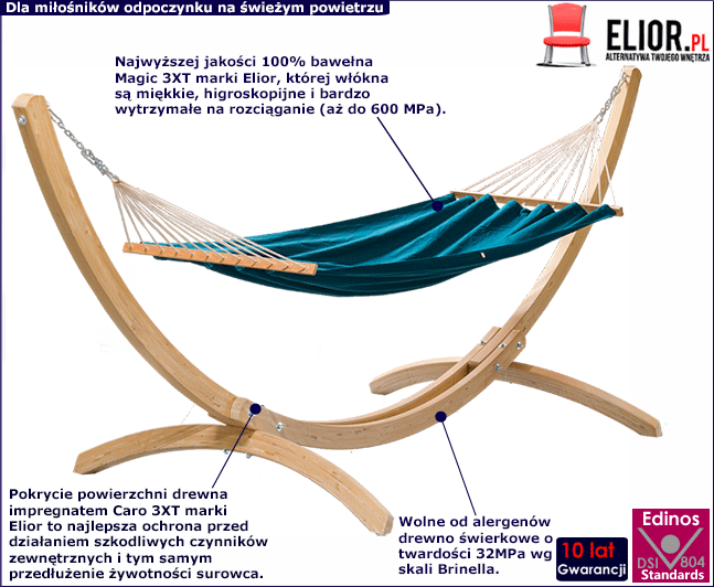 Hamak ogrodowy z drewnianym stelażem Mariza morska zieleń