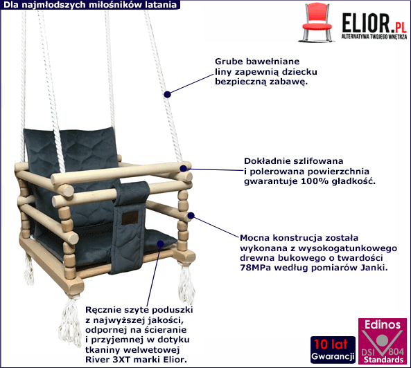 Drewniana huśtawka dla dziecka Odet w modnym stalowym kolorze