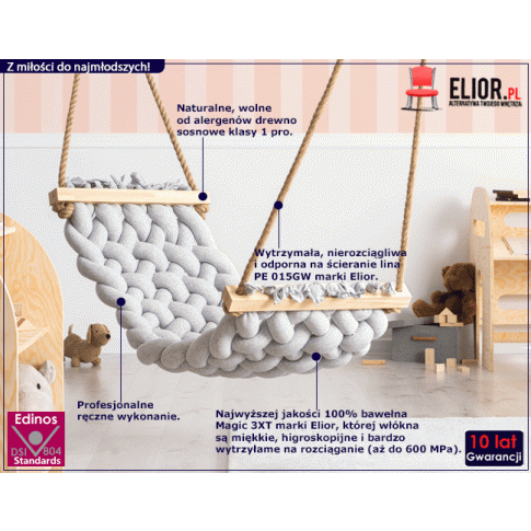 Jasnoszary hamak do pokoju dziecięcego warkocz Malis