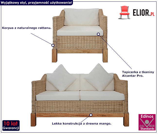 Produkt 2-częściowy zestaw wypoczynkowy, sofa i fotel, naturalny rattan - Otma 3F