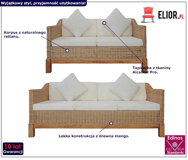 Produkt 2-częściowy zestaw wypoczynkowy, dwie sofy, naturalny rattan - Alani 5F