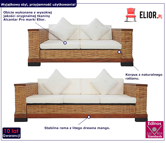 Produkt 2-częsciowy 5-osobowy zestaw wypoczynkowy z naturalnego rattanu - Bublo 5A