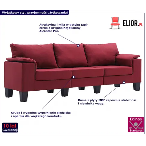 3-osobowa czerwona sofa Ekilore 3Q, podłokietniki