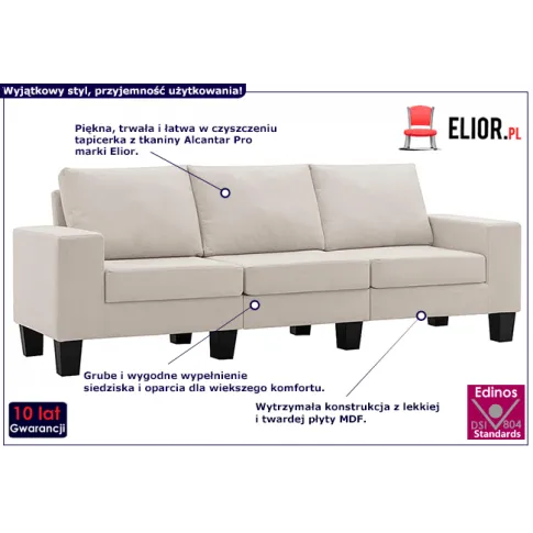 Ponadczasowa trzyosobowa sofa kremowa Lurra 3Q