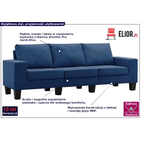 Ponadczasowa trzyosobowa sofa niebieska Lurra 3Q