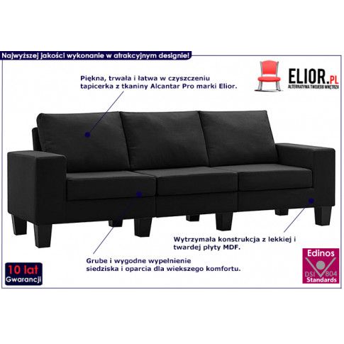 Ponadczasowa trzyosobowa sofa czarna Lurra 3Q