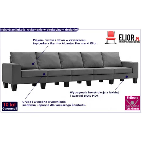 Ponadczasowa 5-osobowa sofa ciemnoszara Lurra 5Q