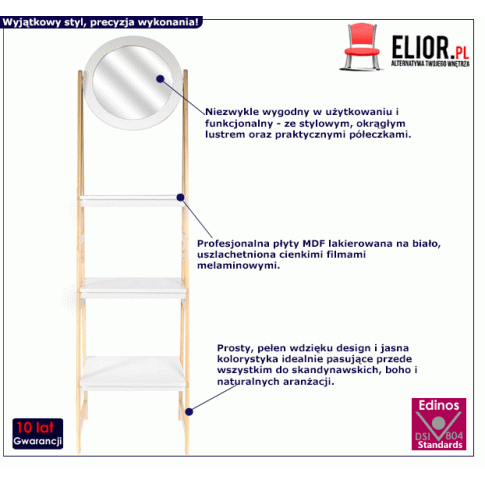 Łazienkowy regał z lustrem Kennie biały bambus