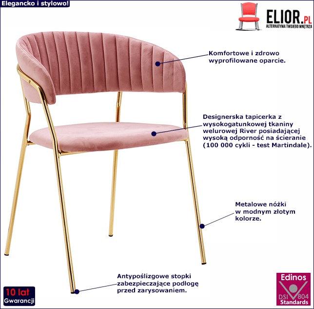 Różowe welurowe krzesło Piano 2X ze złotymi nóżkami